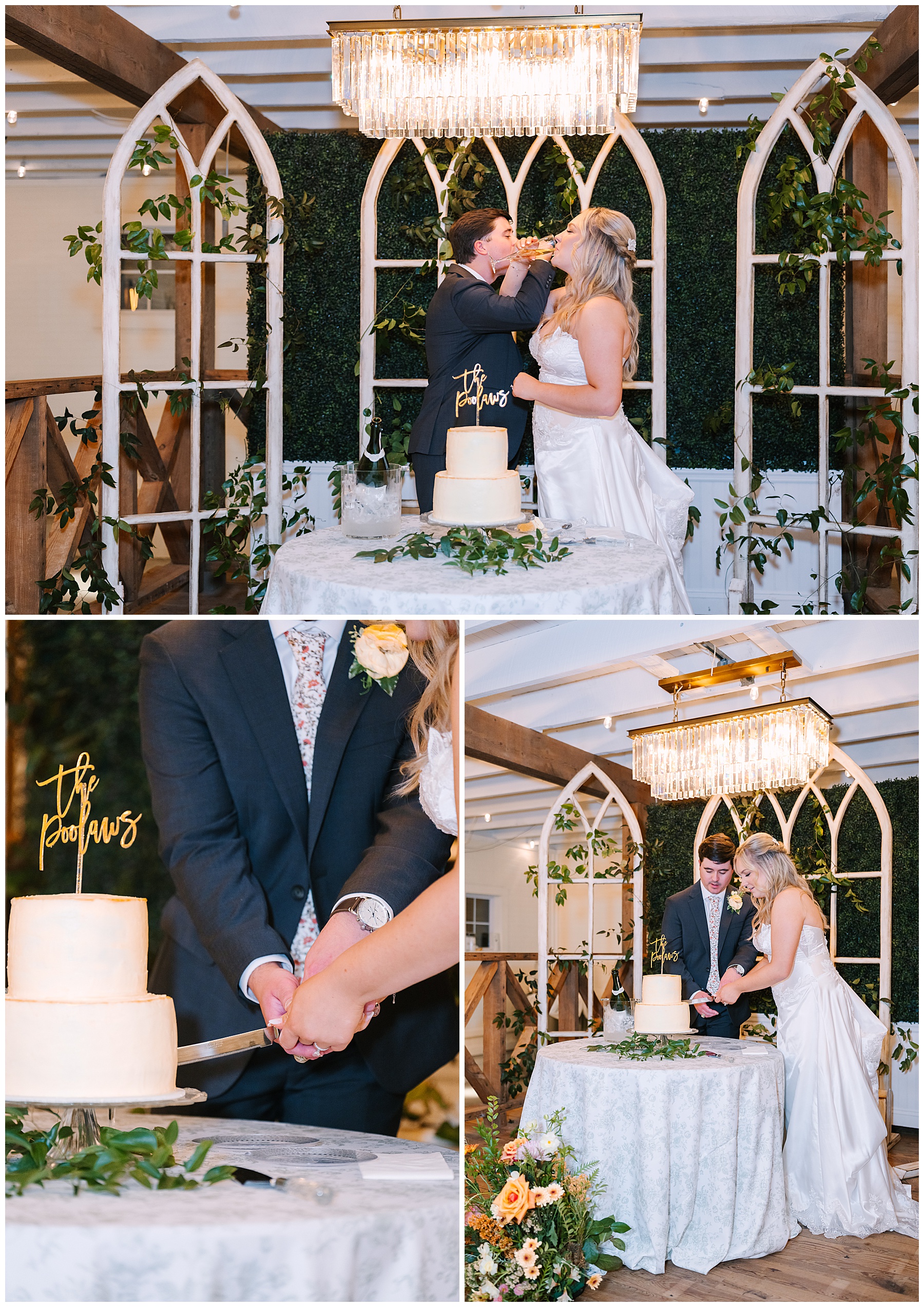 bride and groom cut the cake then toast to each other 