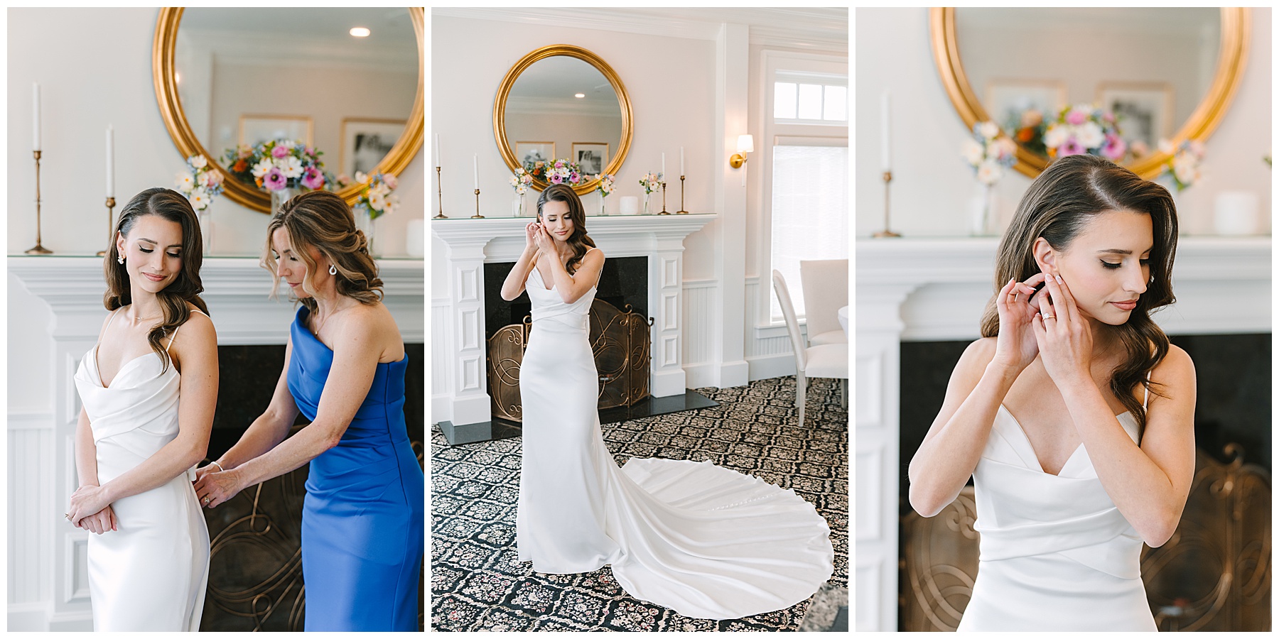 Bride getting ready with the help of her mom at Trump National Golf Club on her wedding day