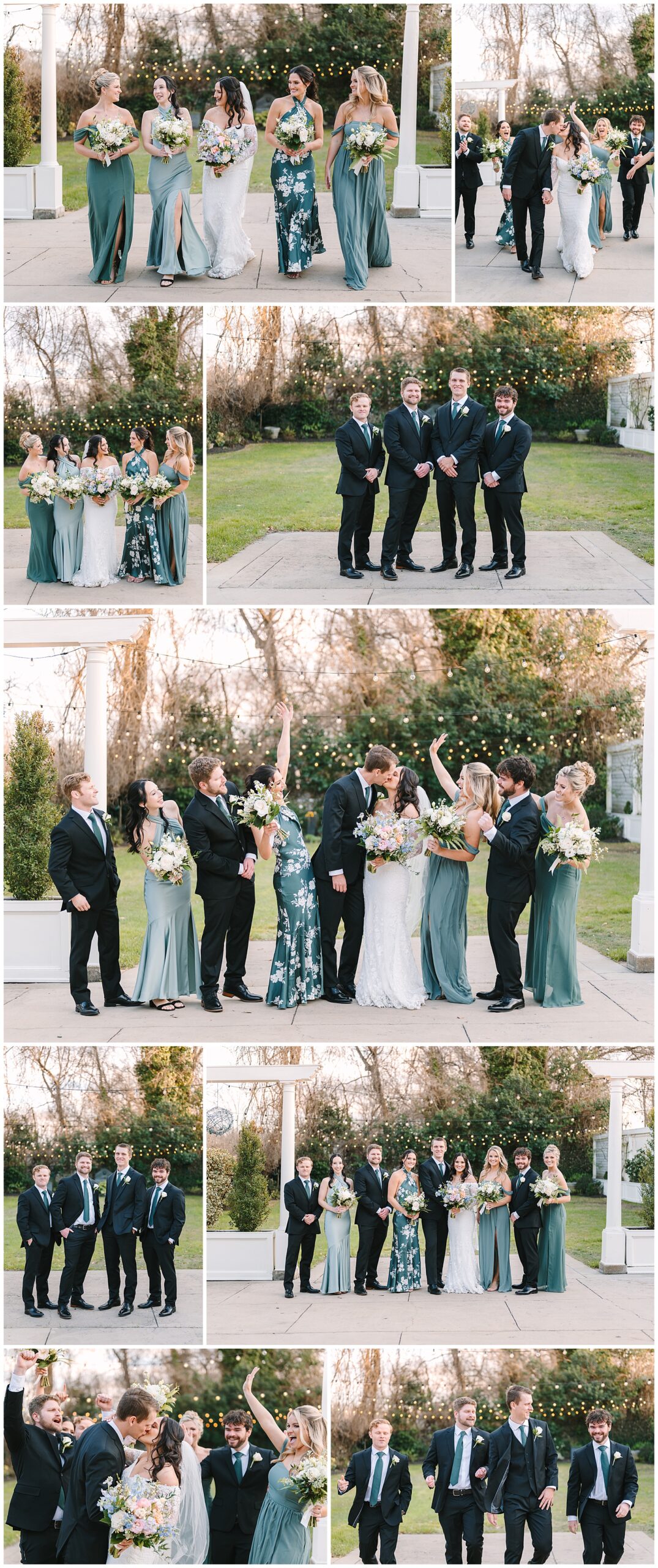 Wedding party group photos in the forma garden at Separk Mansion wedding venue in Gastonia NC