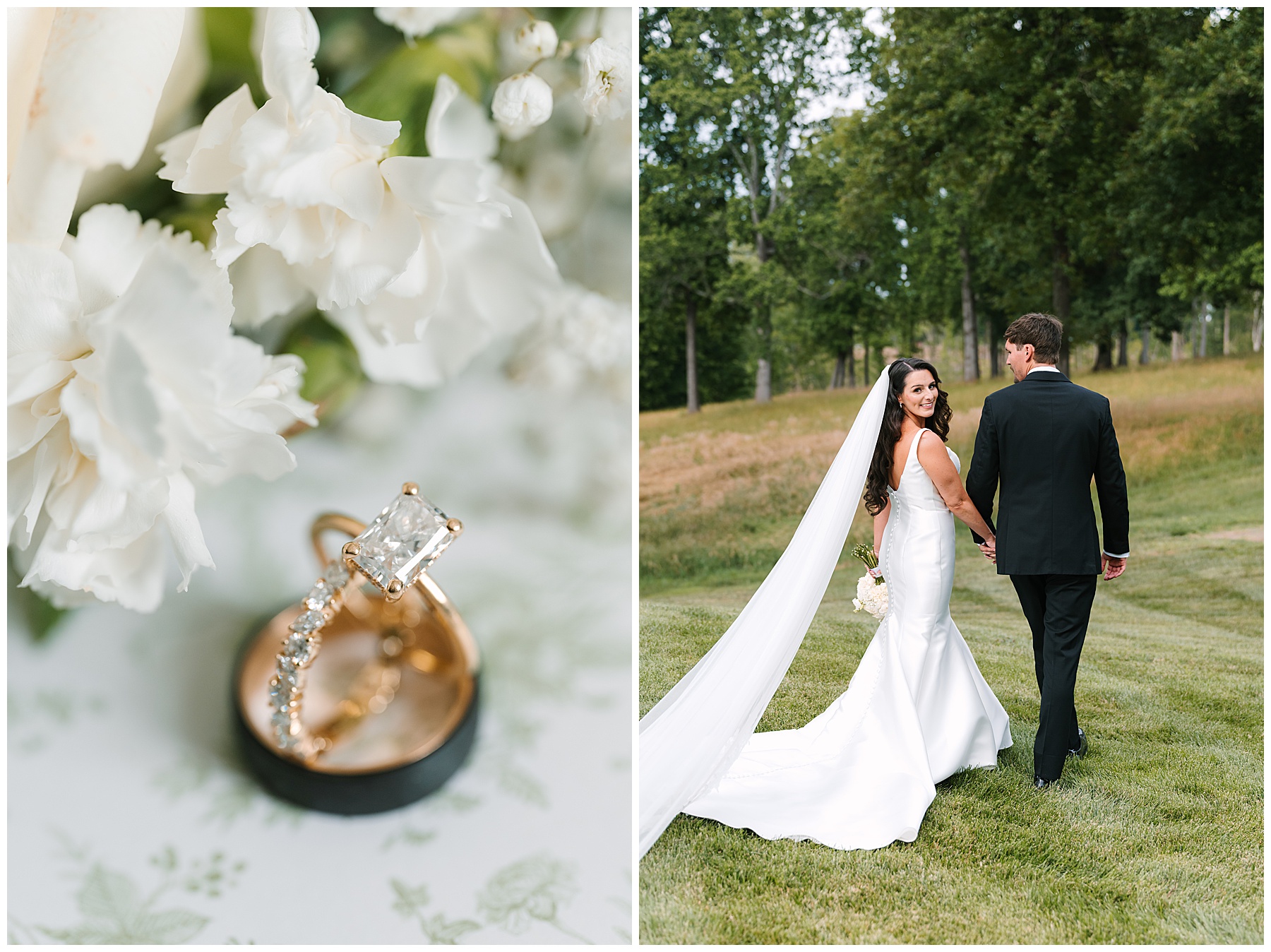 A photo of a bride and groom alongside their wedding rings