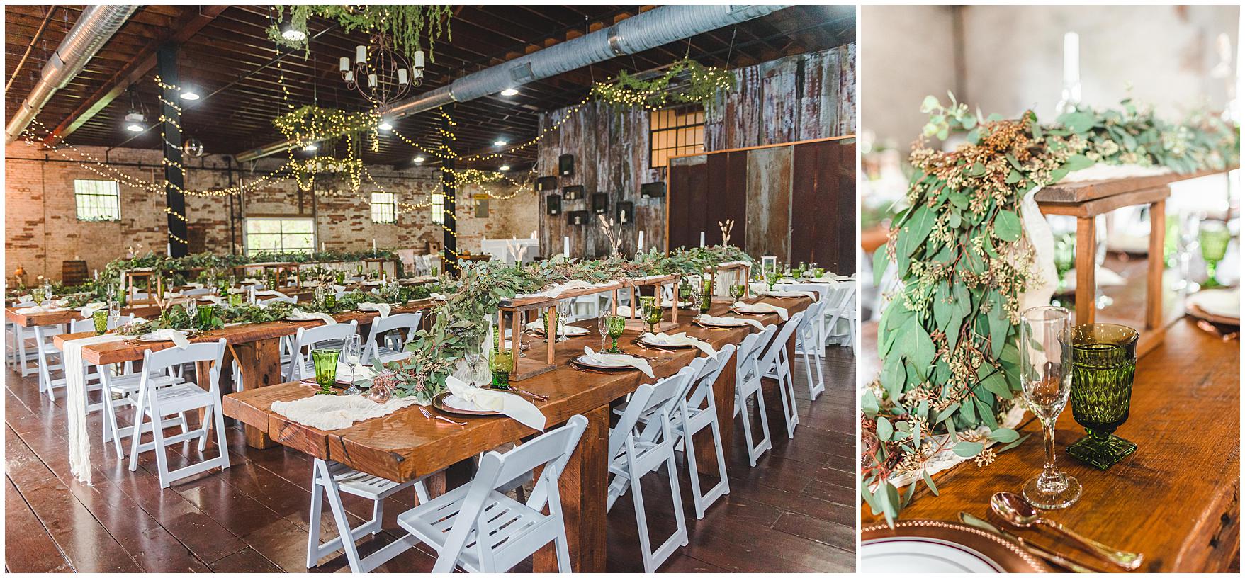 peach and sage green wedding reception and ceremony design images at the Hackney Warehouse