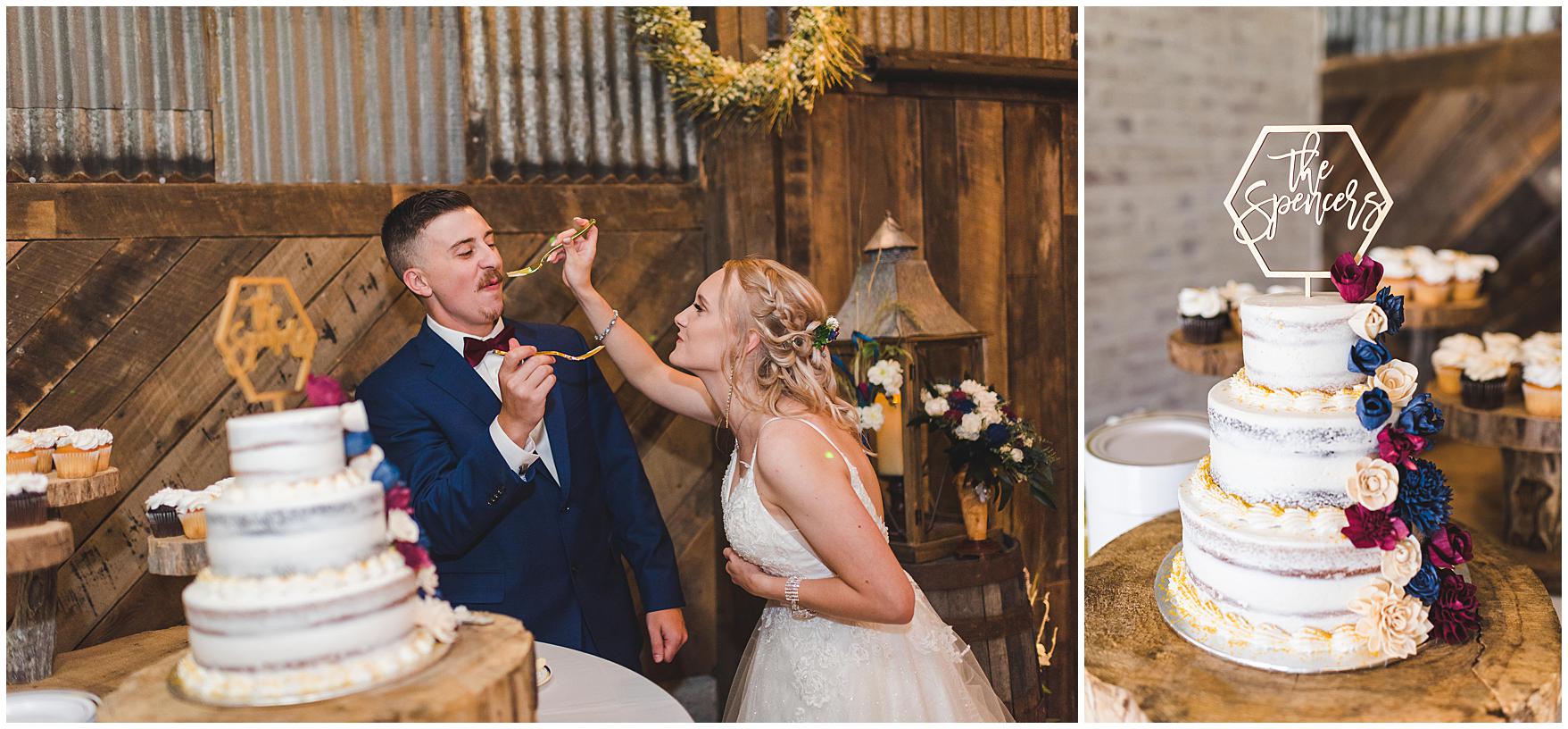 bride and groom cut the cake at their dream southern wedding