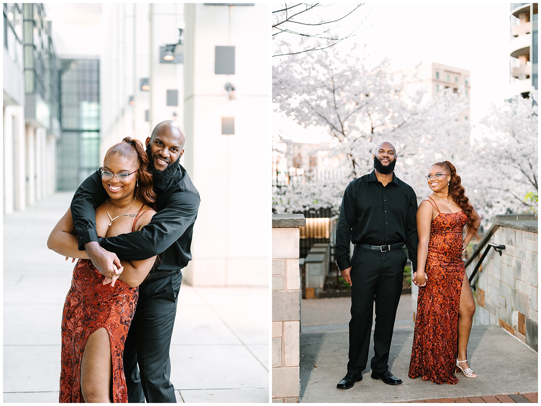 Charlotte wedding photographer captures couple in formal attire in downtown Charlotte during engagement photos