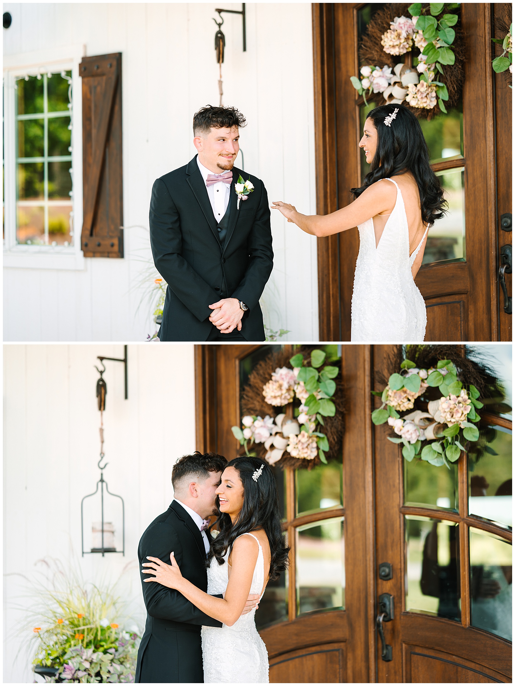 Charlotte wedding photographer captures bride and groom seeing one another for first time on wedding day in wedding attire. 